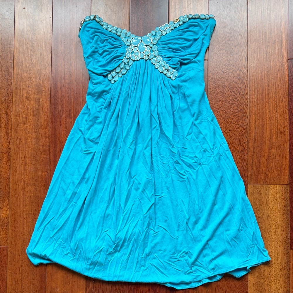 Sky Turquoise Strapless Dress with Embellished Neckline